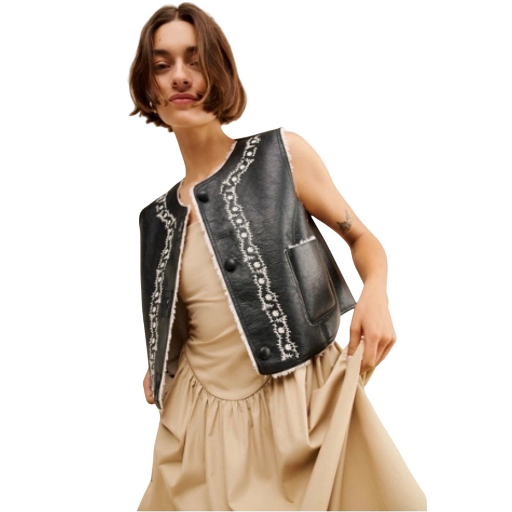 Free People Faux Leather Shearling Vest Embroidered Western Boho Snap S